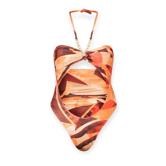 Love Island UK 🇬🇧 Orange Abstract Print Bandeau Chain Cut Out Swimsuit - Picture 1 of 8